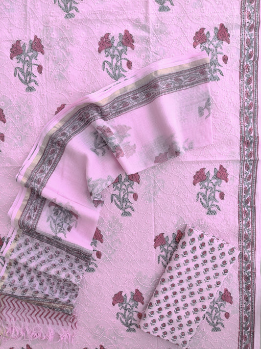 Hand Block Printed Cotton Schiffli Suit with Kota Doria Dupatta