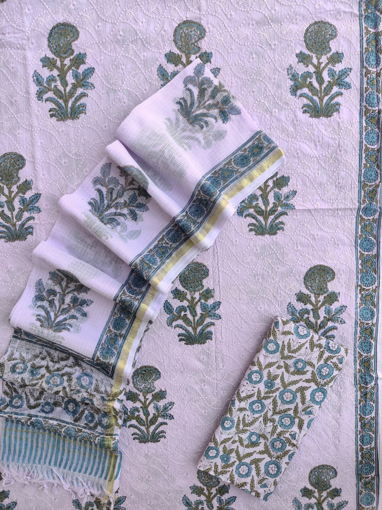 Hand Block Printed Cotton Schiffli Suit with Kota Doria Dupatta