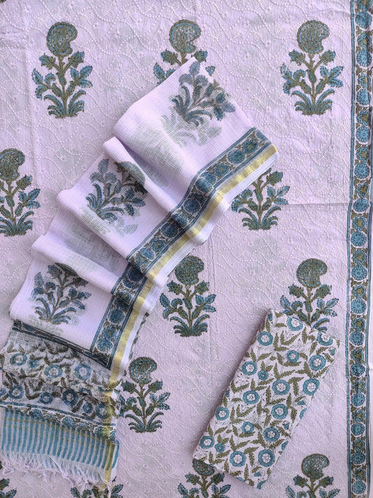 Hand Block Printed Cotton Schiffli Suit with Kota Doria Dupatta