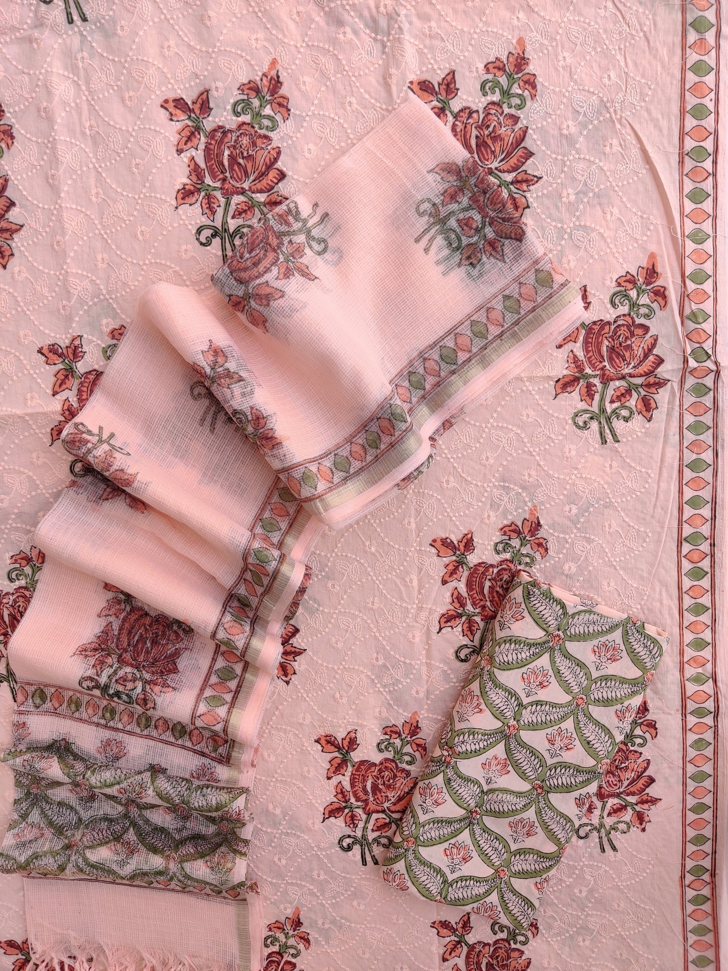 Hand Block Printed Cotton Schiffli Suit with Kota Doria Dupatta