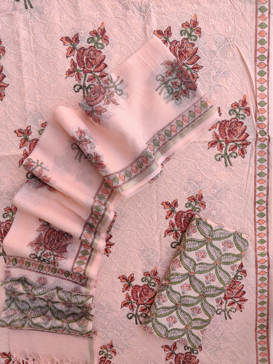 Hand Block Printed Cotton Schiffli Suit with Kota Doria Dupatta