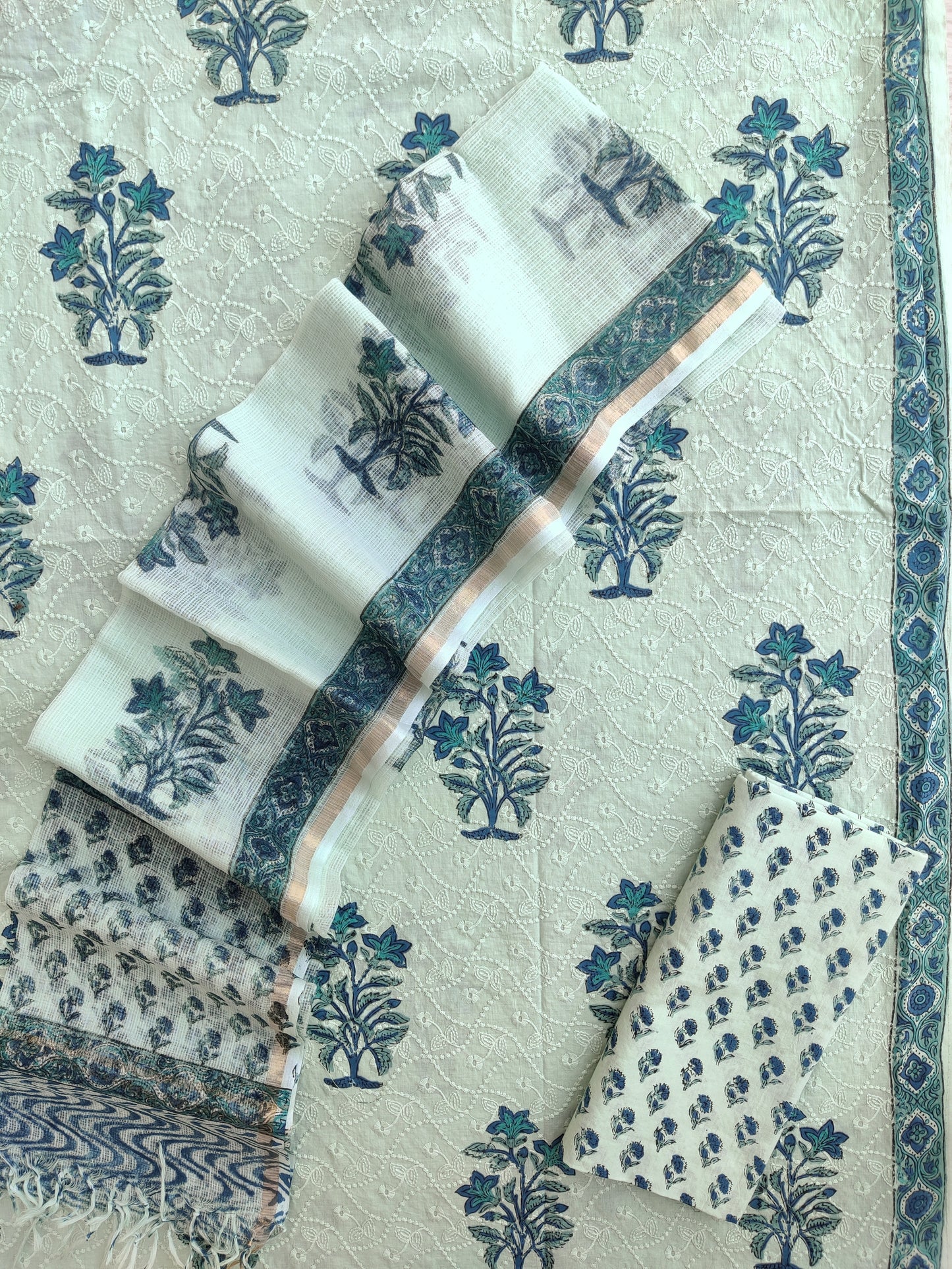 Hand Block Printed Cotton Schiffli Suit with Kota Doria Dupatta