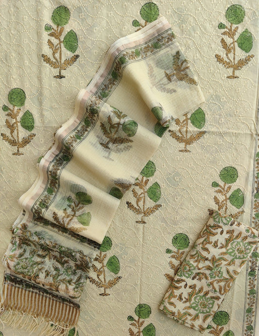 Hand Block Printed Cotton Schiffli Suit with Kota Doria Dupatta