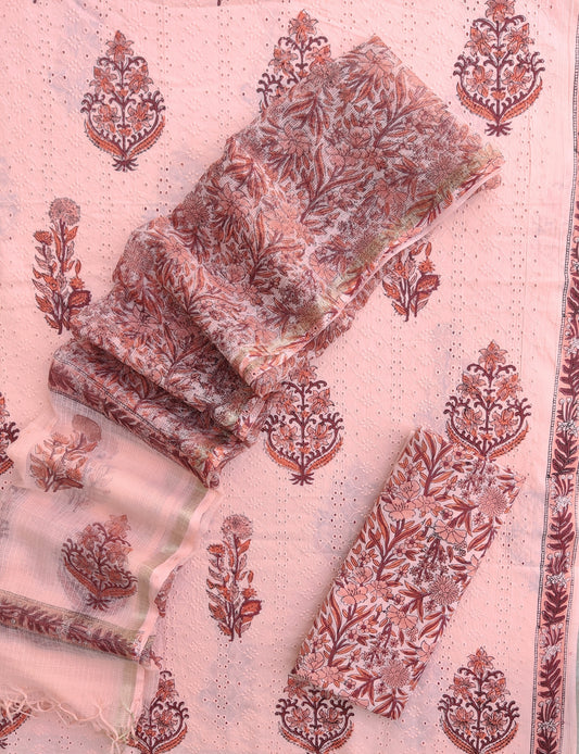 Hand Block Printed Cotton Schiffli Suit with Kota Doria Dupatta