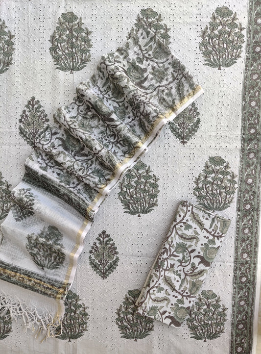 Hand Block Printed Cotton Schiffli Suit with Kota Doria Dupatta
