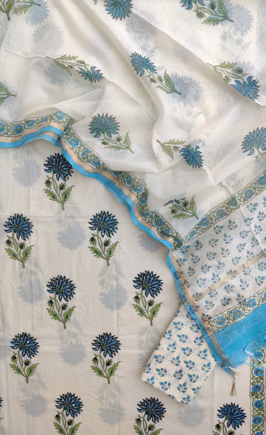 Hand Block Printed Cotton Suit with Mul Chanderi Dupatta