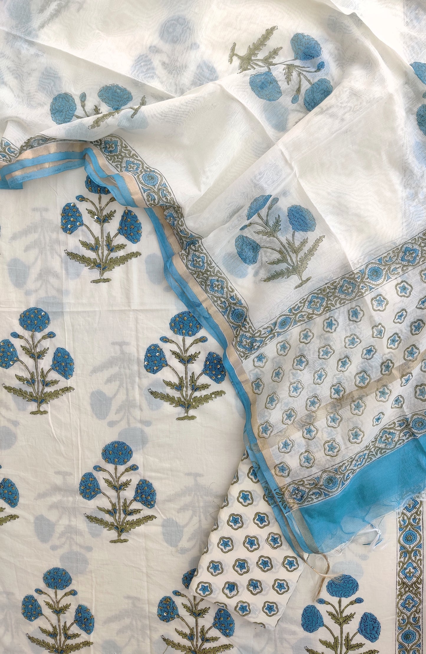 Hand Block Printed Cotton Suit with Mul Chanderi Dupatta