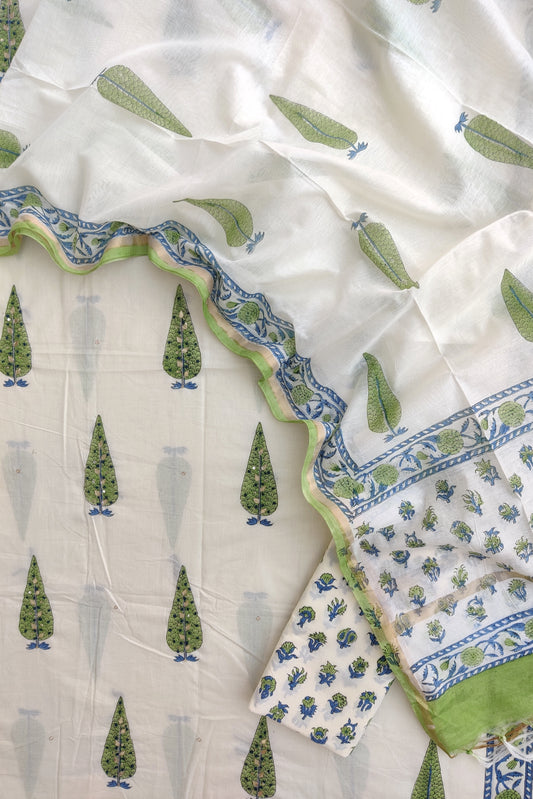 Hand Block Printed Cotton Suit with Mul Chanderi Dupatta