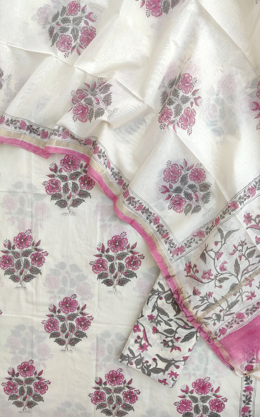 Hand Block Printed Cotton Suit with Mul Chanderi Dupatta