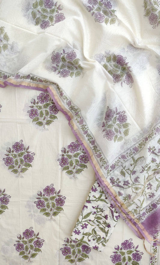 Hand Block Printed Cotton Suit with Mul Chanderi Dupatta