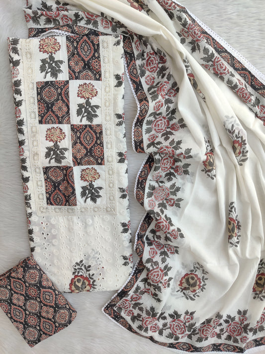 ELEGANT COTTON SCHIFFLI HAKUBA EMBROIDERY MUGHAL BUTA NECK WORK SUIT SET WITH MULMUL DUPATTA