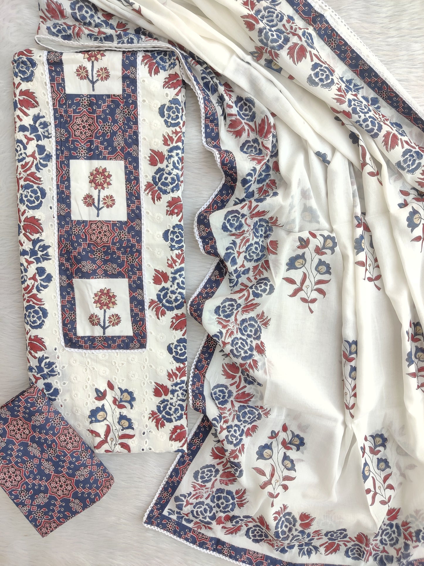 ELEGANT COTTON SCHIFFLI HAKUBA EMBROIDERY MUGHAL BUTA NECK WORK SUIT SET WITH MULMUL DUPATTA