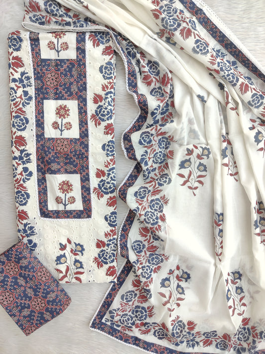 ELEGANT COTTON SCHIFFLI HAKUBA EMBROIDERY MUGHAL BUTA NECK WORK SUIT SET WITH MULMUL DUPATTA