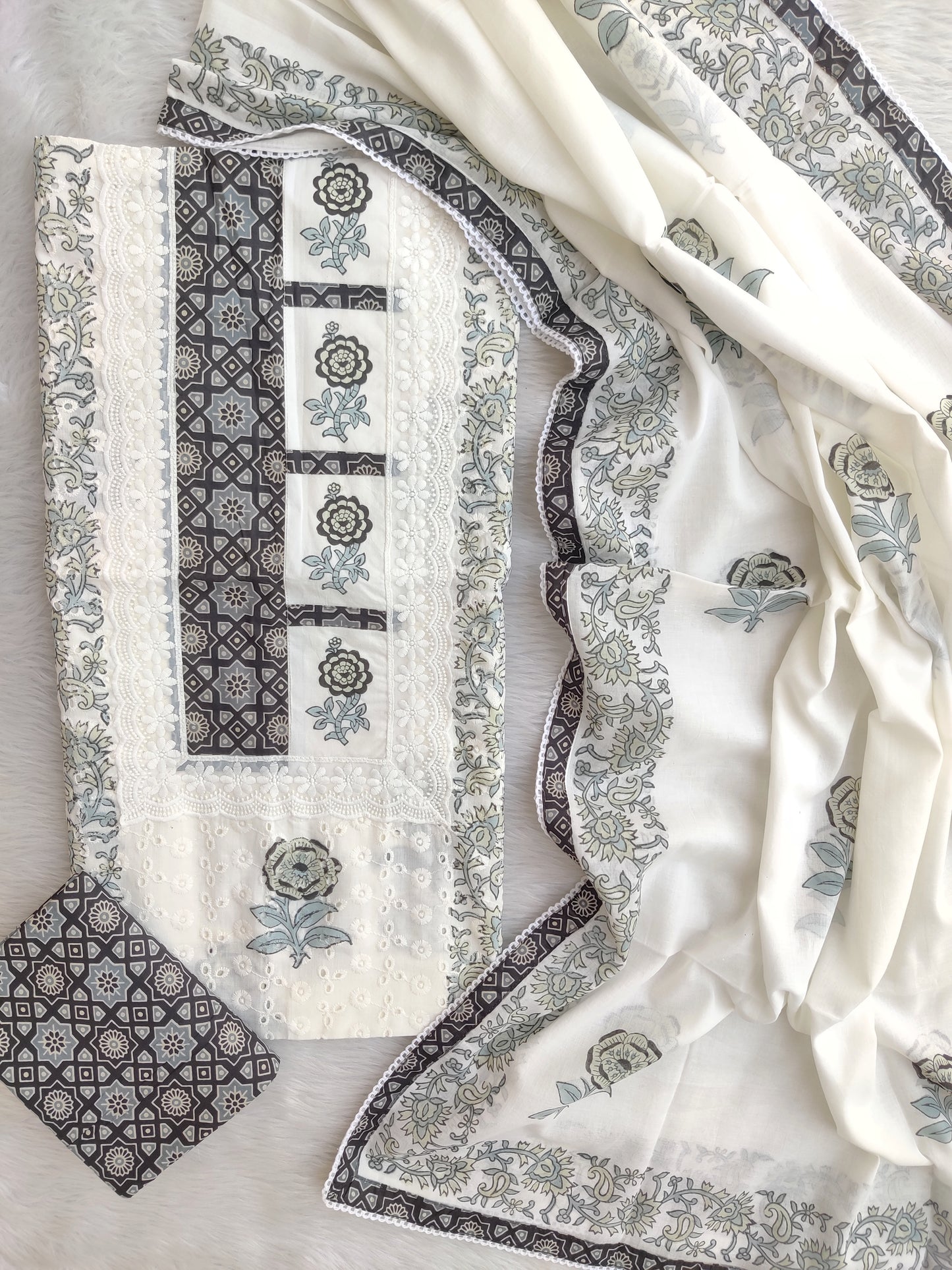 ELEGANT COTTON SCHIFFLI HAKUBA EMBROIDERY MUGHAL BUTA NECK WORK SUIT SET WITH MULMUL DUPATTA