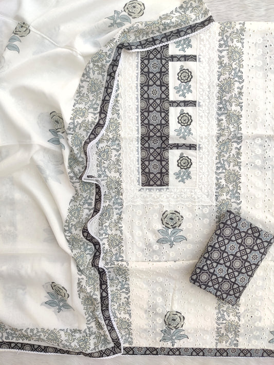 ELEGANT COTTON SCHIFFLI HAKUBA EMBROIDERY MUGHAL BUTA NECK WORK SUIT SET WITH MULMUL DUPATTA