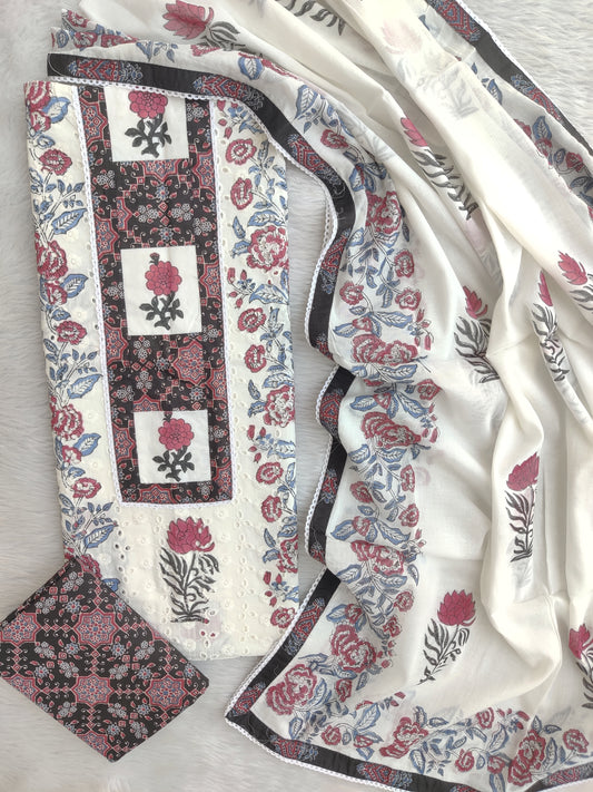 ELEGANT COTTON SCHIFFLI HAKUBA EMBROIDERY MUGHAL BUTA NECK WORK SUIT SET WITH MULMUL DUPATTA