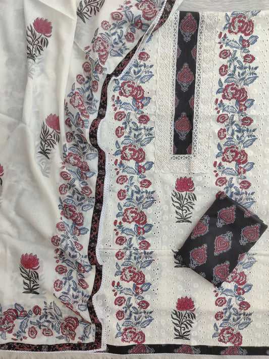 ELEGANT COTTON SCHIFFLI HAKUBA EMBROIDERY MUGHAL BUTA NECK WORK SUIT SET WITH MULMUL DUPATTA