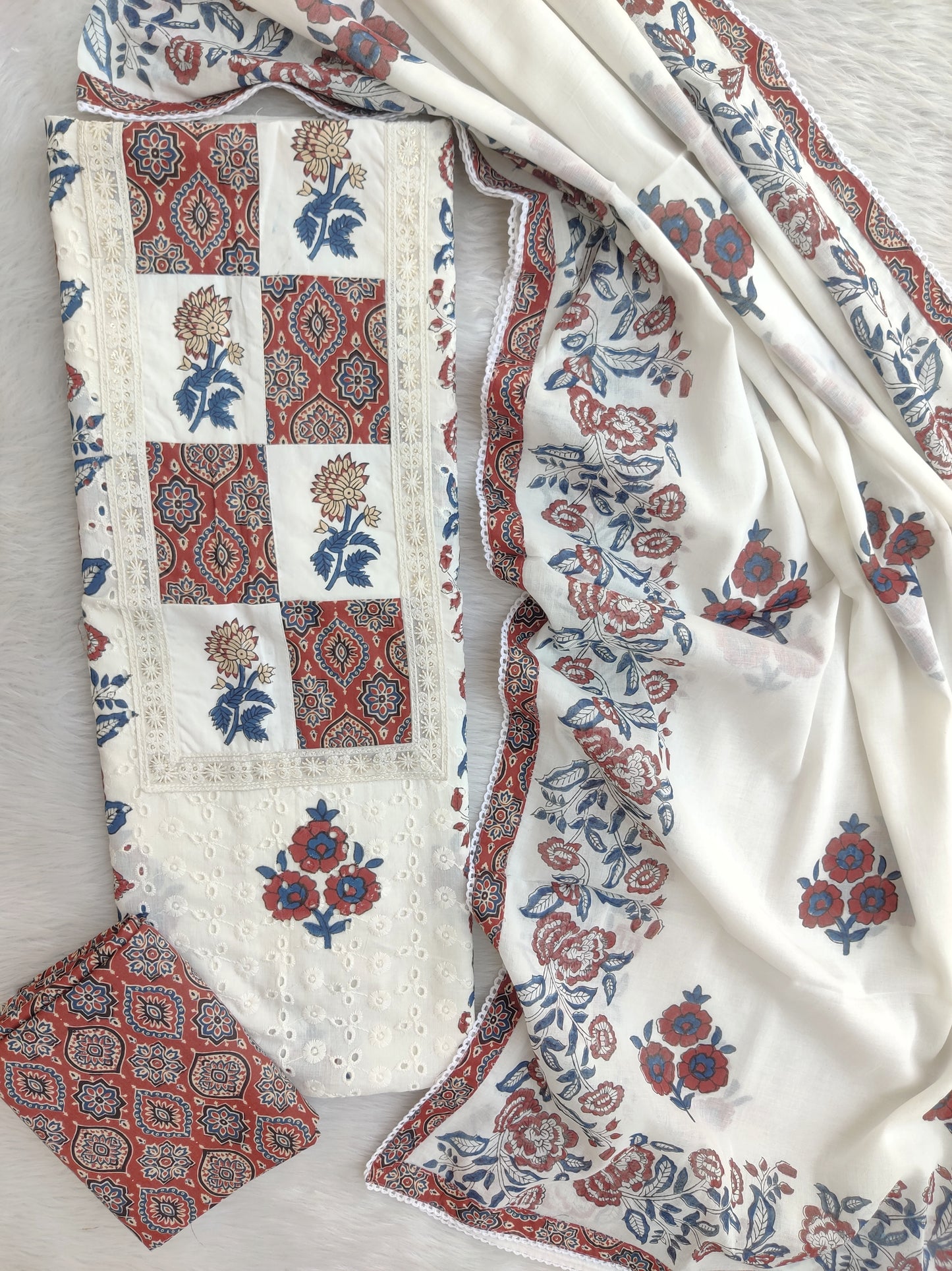 ELEGANT COTTON SCHIFFLI HAKUBA EMBROIDERY MUGHAL BUTA NECK WORK SUIT SET WITH MULMUL DUPATTA