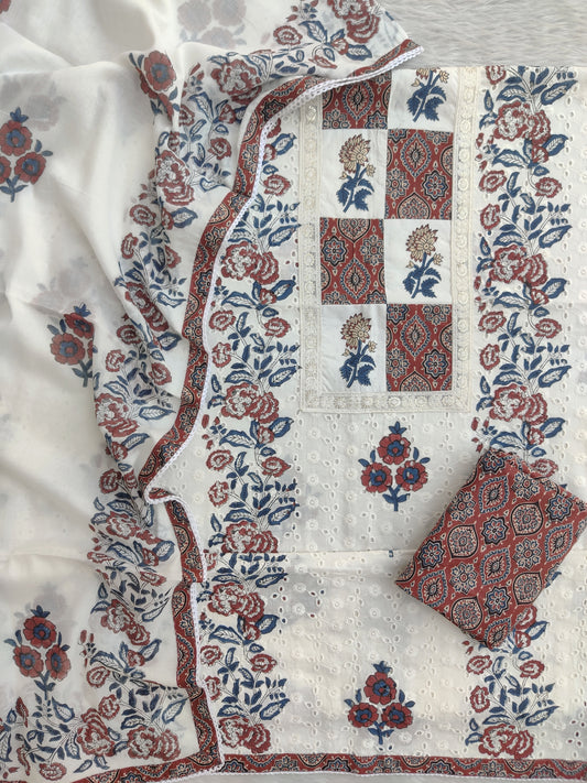 ELEGANT COTTON SCHIFFLI HAKUBA EMBROIDERY MUGHAL BUTA NECK WORK SUIT SET WITH MULMUL DUPATTA