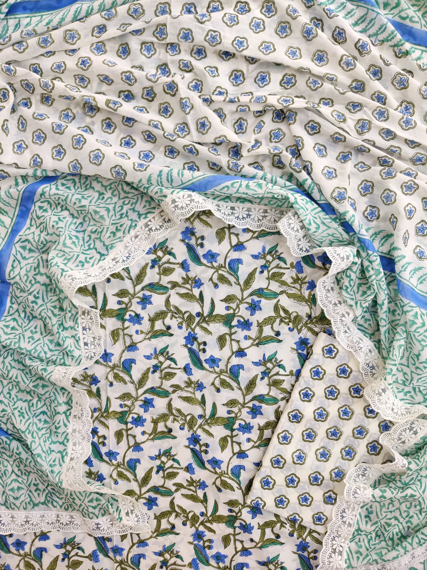 Hand Block Printed Cotton Suit With Lace Work Mulmul Dupatta