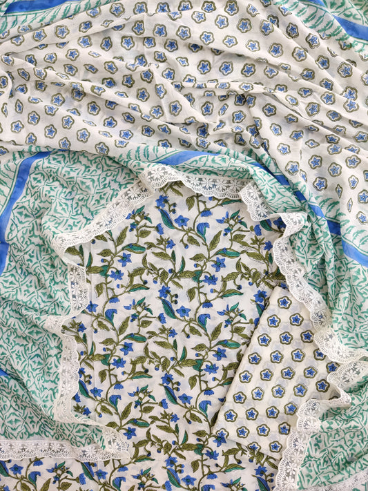 Hand Block Printed Cotton Suit With Lace Work Mulmul Dupatta