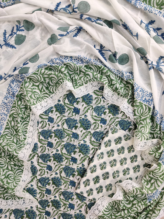 Hand Block Printed Cotton Suit With Lace Work Mulmul Dupatta