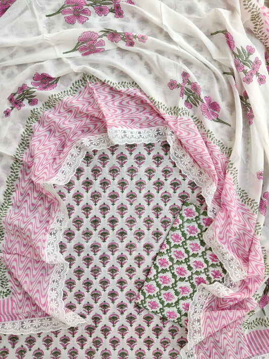 Hand Block Printed Cotton Suit With Lace Work Mulmul Dupatta