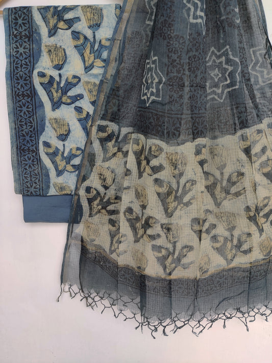 (VANASPATI) Block Printed Cotton Suit with Cotton Kota Doria dupattaa