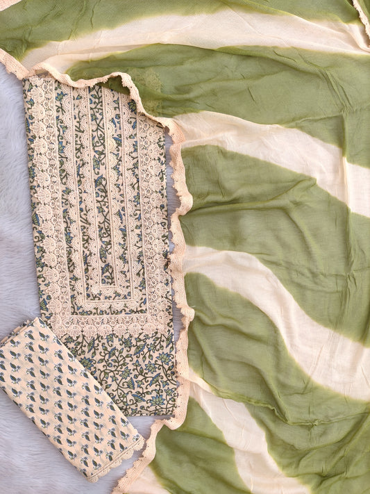 Exclusive Unstitched Cotton Neck Work Suits with Chiffon Dupatta