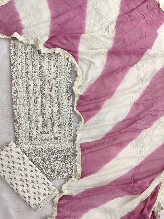 Exclusive Unstitched Cotton Neck Work Suits with Chiffon Dupatta