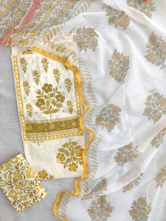 JAIPURI PRINTED  NECK WORK SUITS WITH KOTA DORIA DUPATTA
