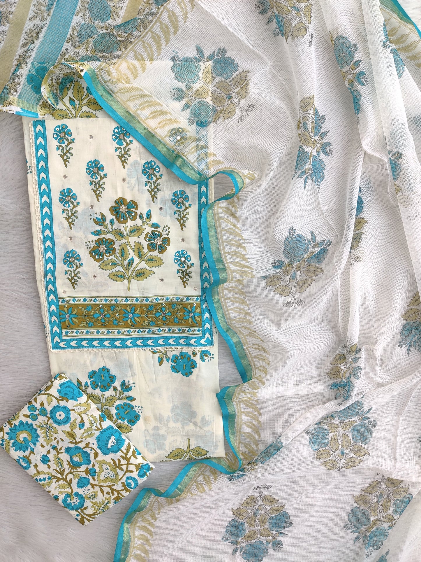 JAIPURI PRINTED  NECK WORK SUITS WITH KOTA DORIA DUPATTA