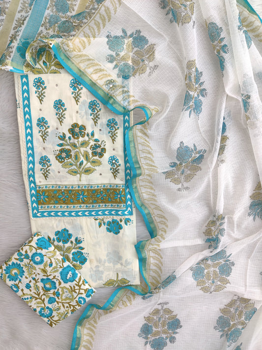 JAIPURI PRINTED  NECK WORK SUITS WITH KOTA DORIA DUPATTA