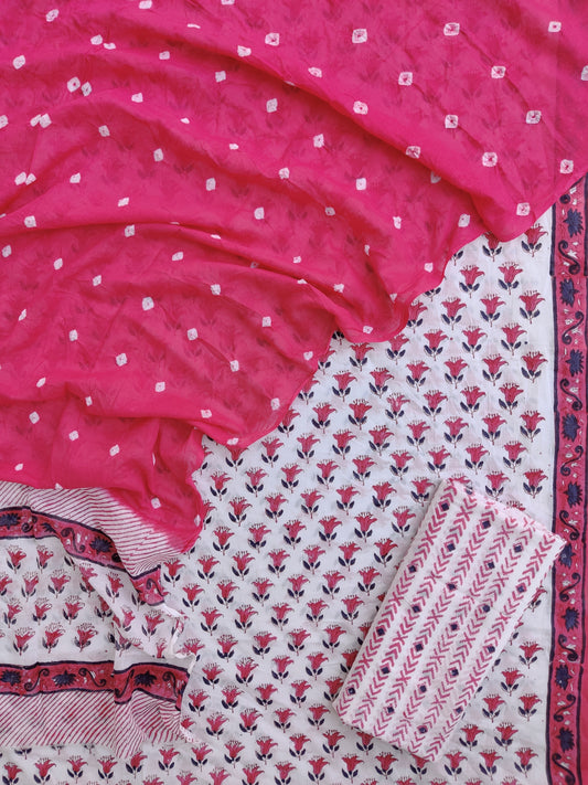 Hand Block Printed Cotton Suits with Mulmul Bandhej Dupatta