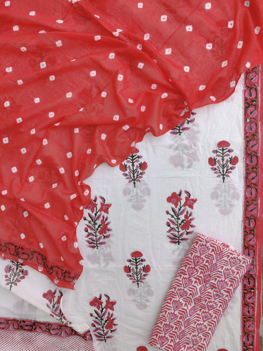 Hand Block Printed Cotton Suits with Mulmul Bandhej Dupatta