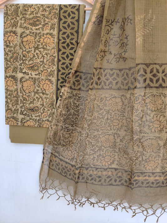 (VANASPATI) Block Printed Cotton Suit with Cotton Kota Doria dupattaa