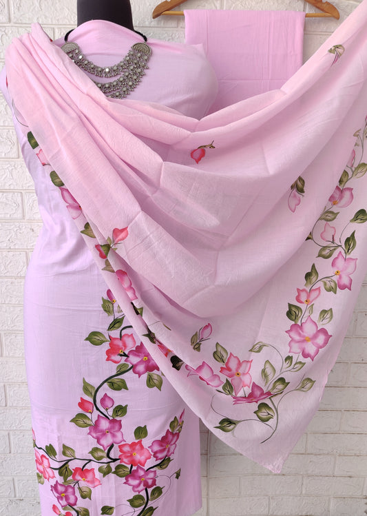 Hand Painted Cotton Suits with Mulmul  Dupatta
