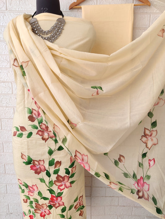 Hand Painted Cotton Suits with Mulmul  Dupatta