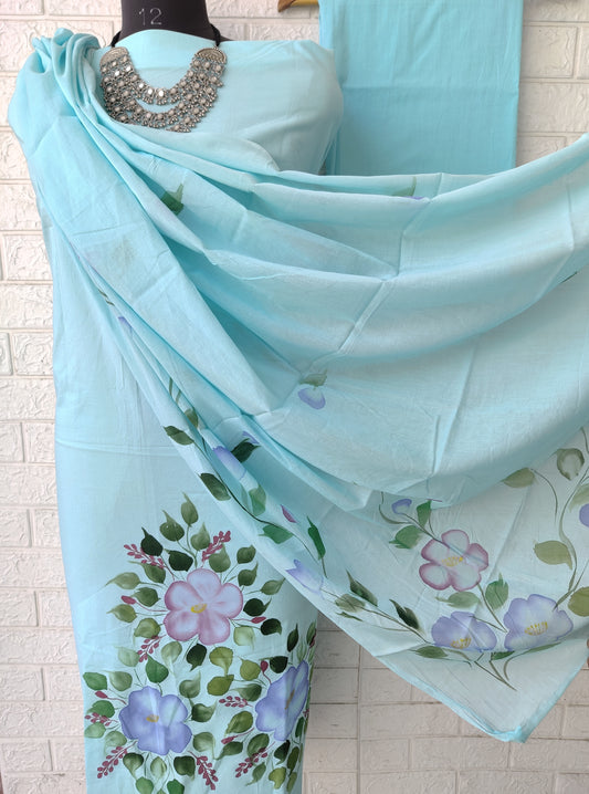 Hand Painted Cotton Suits with Mulmul  Dupatta