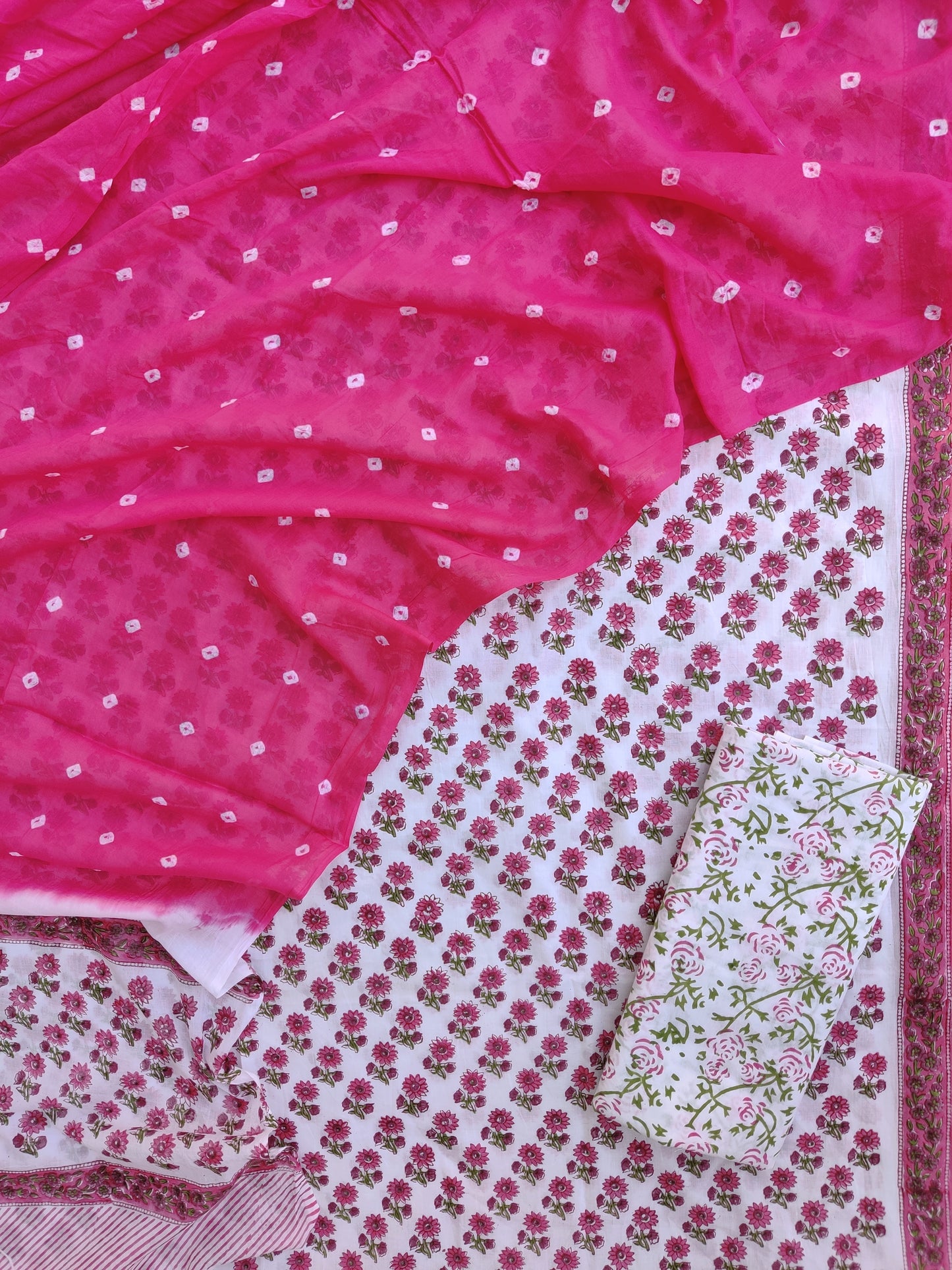 Hand Block Printed Cotton Suits with Mulmul Bandhej Dupatta