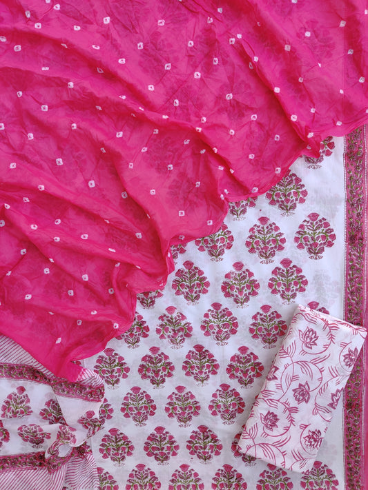 Hand Block Printed Cotton Suits with Mulmul Bandhej Dupatta