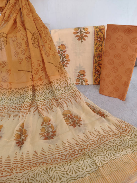 HAND BLOCK PRINTED COTTON SUIT WITH PURE CHIFFON DUPATTA