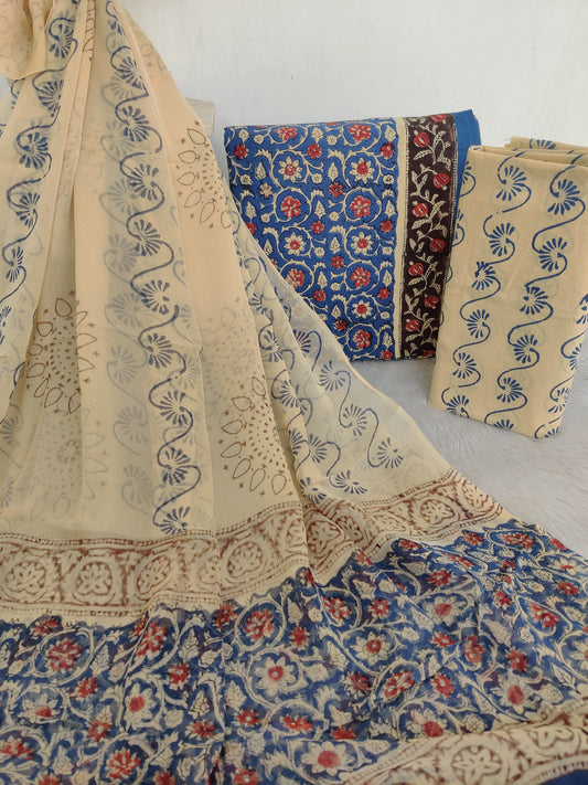 (KALAMKARI) HAND BLOCK PRINTED COTTON SUIT WITH PURE CHIFFON DUPATTA