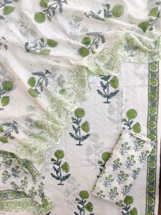 Hand Block Printed Cotton Schiffli Suit with Mulmul Embroidery Dupatta