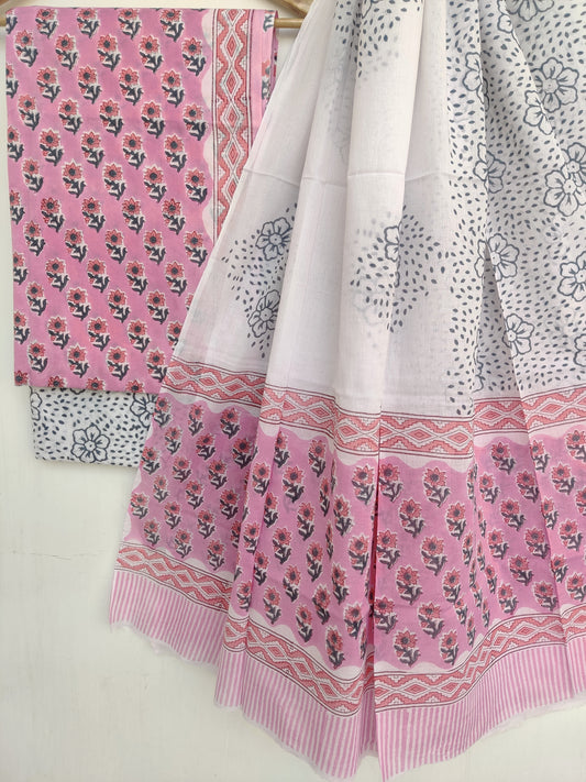 (SALE) Hand Block Printed Cotton Suit with Cotton dupatta