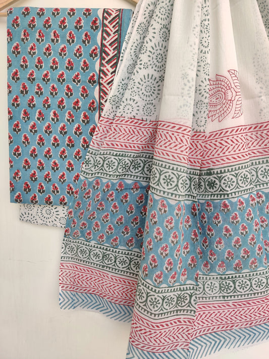 Hand Block Printed Cotton Suit With Mulmul Cotton Dupatta