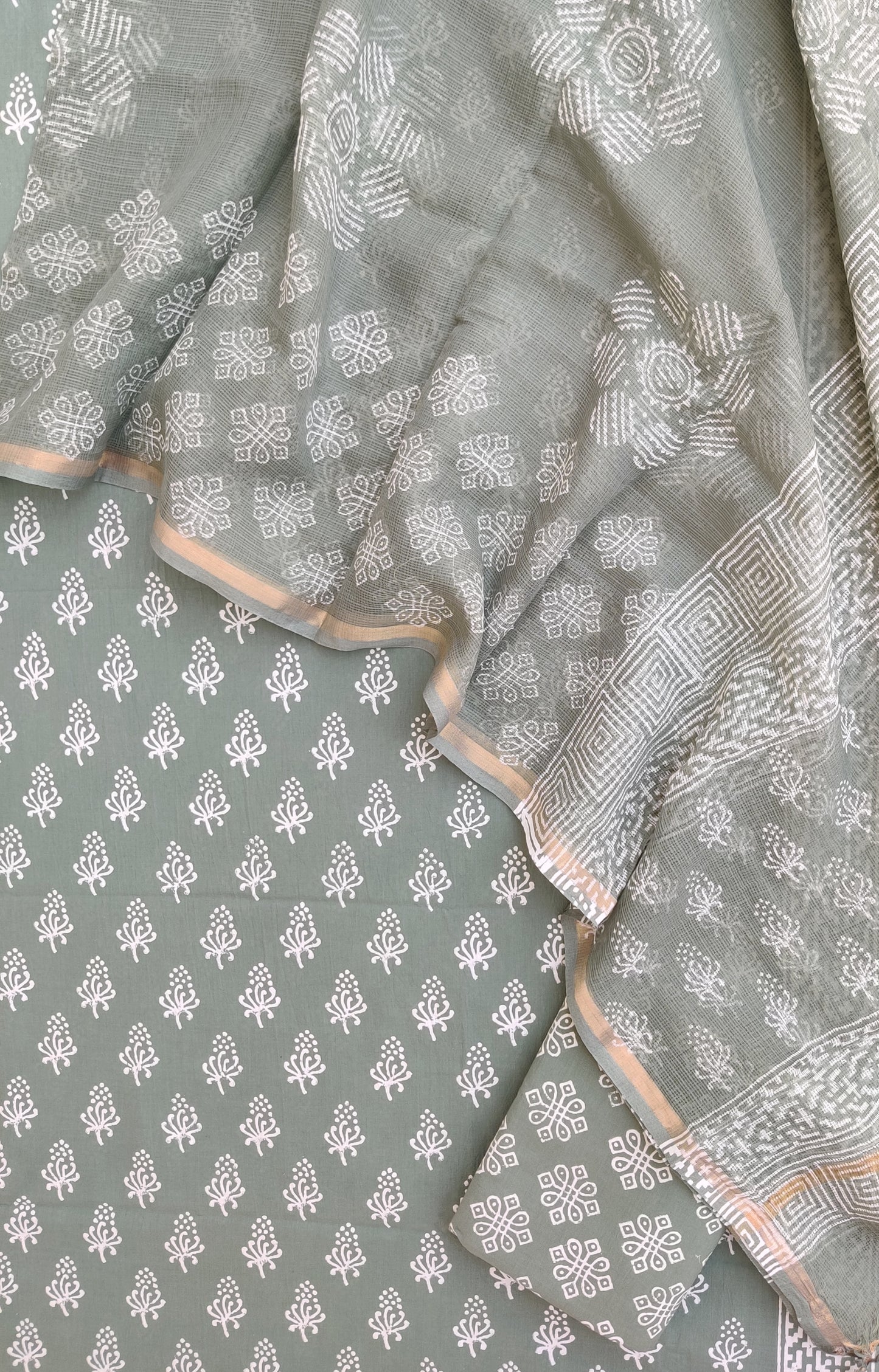 Hand Block Printed Cotton Suit with Cotton Kota Doria dupatta