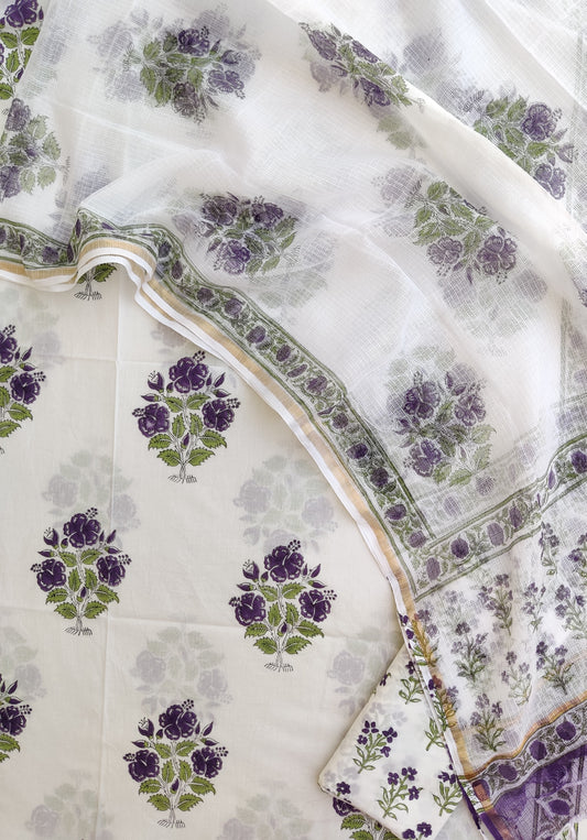 Hand Block Printed Cotton Suit with Cotton Kota Doria dupatta