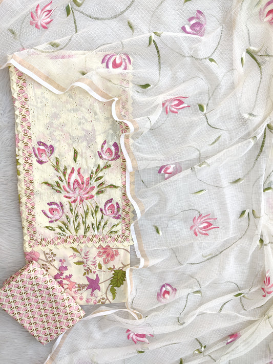 JAIPURI PRINTED  NECK WORK SUITS WITH KOTA DORIA DUPATTA