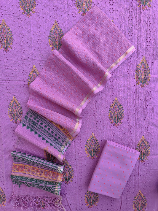 Hand Block Printed Cotton Schiffli Suit with Kota Doria Dupatta